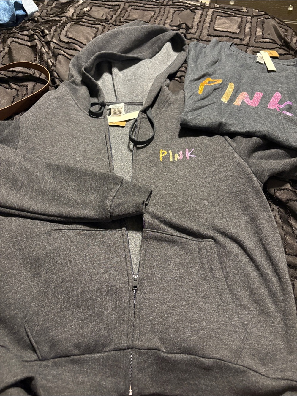 PINK Victoria's Secret Charcoal Gray XLZip Hoodie, T-shirt & large leggings
